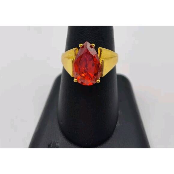 UTC Large Pear Shape Orange Citrine CZ Gold Plated Sterling Silver Ring Size 10 - Picture 1 of 5
